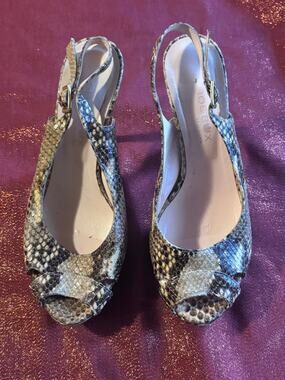 Peep Toe Slingback Womens Snakeskin Print Mid Heel Dress Sandals Beige Open Toe
